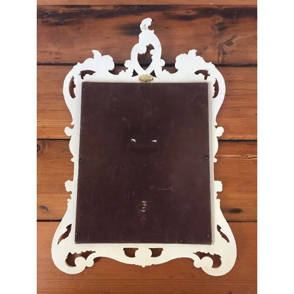 Vintage Syroco Wood Rectangular Filigree Ornamental White Wooden Wall Mirror 16